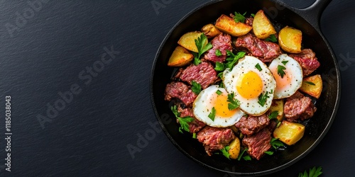 Wallpaper Mural irish cuisine, an appetizing irish hash with crispy potatoes, corned beef, fried eggs, and parsley in a skillet, blank space for text on the left side Torontodigital.ca