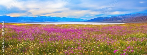 A surreal view of the salt flats of Death Valley National Park, USA, under a rare carpet of wildflowers during a superbloom
