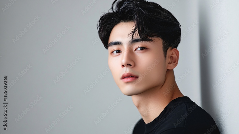 Young asian model posing with neutral expression in studio setting Young asian model posing with neutral expression in studio setting