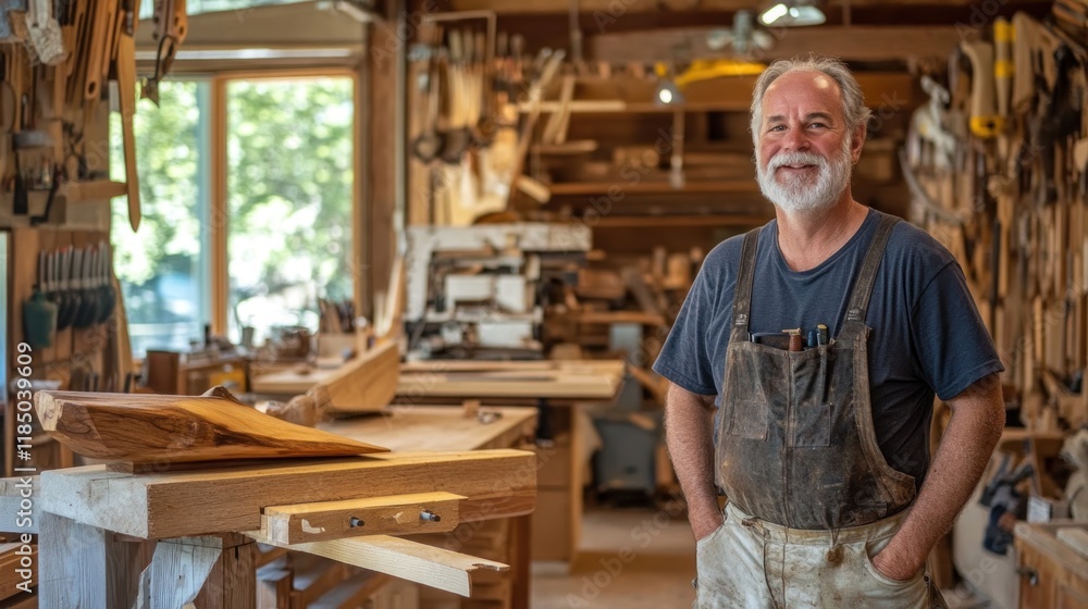 Smiling Woodworker in his Workshop Smiling Woodworker in his Workshop