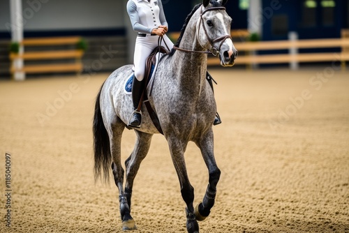 An athlete practices horse training in a spacious indoor arena, emphasizing proper riding techniques and communication with the horse, showcasing dedication and skill photo