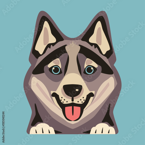 Cartoon card with head of hasky dog on blue background. 