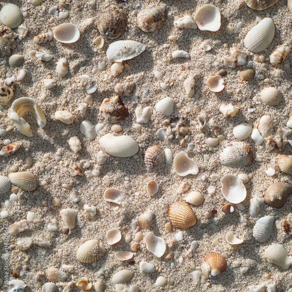 A beach scene with a variety of shells scattered across the sand A beach scene with a variety of shells scattered across the sand