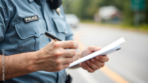 Close-up of traffic police officer writing a ticket. Generative AI