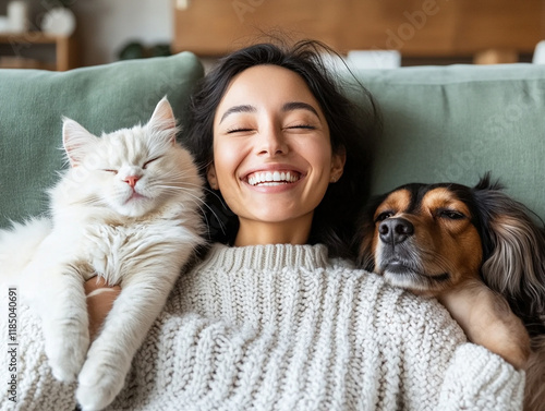 Joyful woman sits with her pets on a cozy couch
