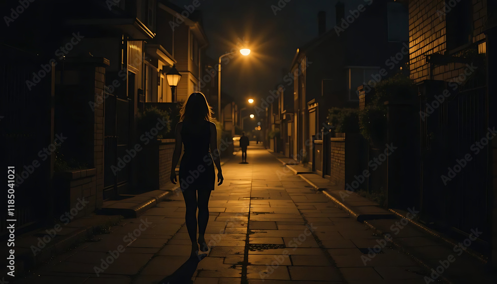 Silhouette of a young woman walking home alone at night narrow street, scared of stalker and being assault , insecurity concept. Silhouette of a young woman walking home alone at night narrow street, scared of stalker and being assault , insecurity concept.
