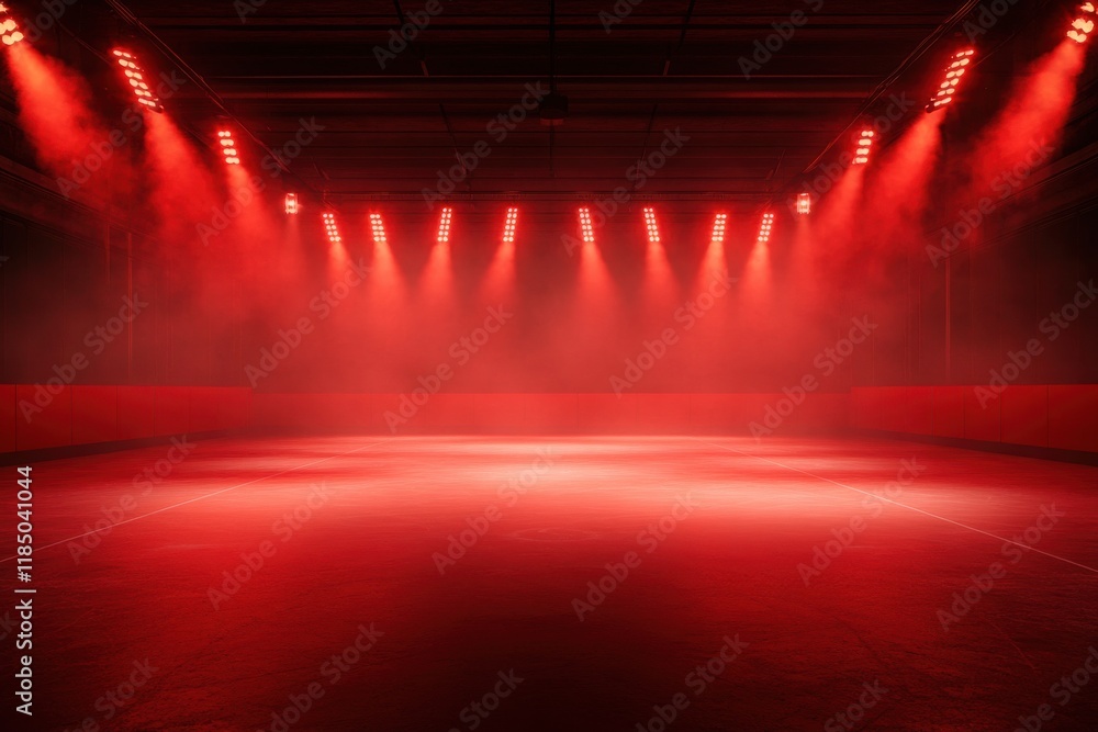 Naklejka premium A dramatic red-lit sports arena with dense fog, creating an intense and energetic atmosphere.