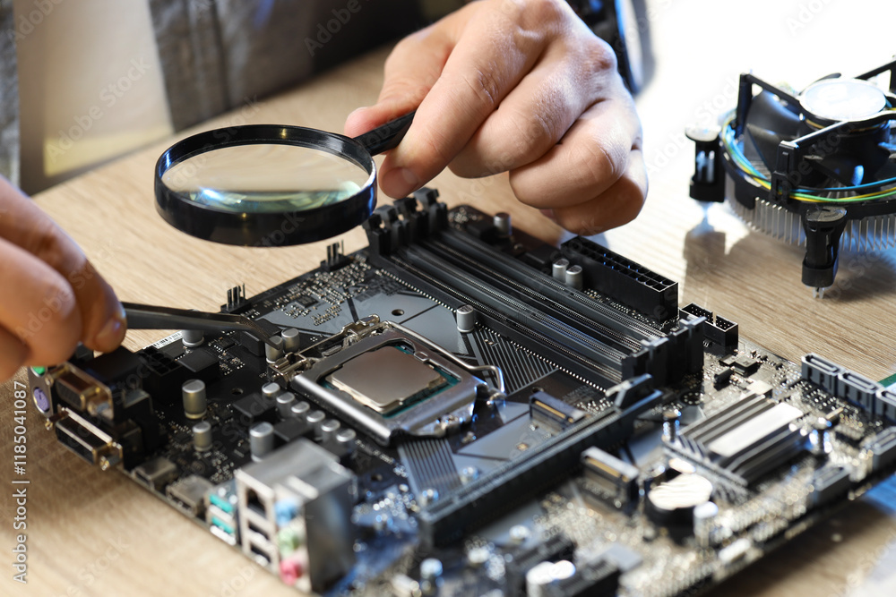 Naklejka premium Man installing computer chip onto motherboard at wooden table, closeup