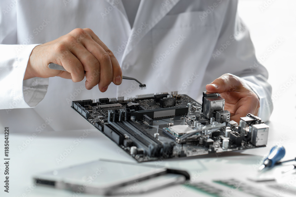 Man installing computer chip onto motherboard at white table, closeup Man installing computer chip onto motherboard at white table, closeup