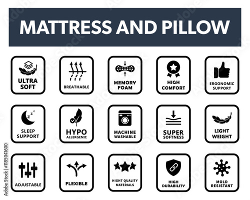 Mattress and Pillow properties vector labels for packaging.