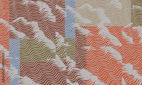 Hand drawn Japanese brush line abstract wave patchwork pattern, Ethnic folk wood carving, engraving, basketry surface texture design, oriental graphic blocks for textile, fabric, carpet