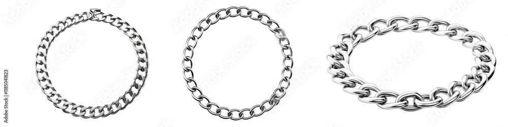 Silver metallic circular chain isolated on transparent background, Set of Silver metallic circular chain isolated on transparent background, Set of