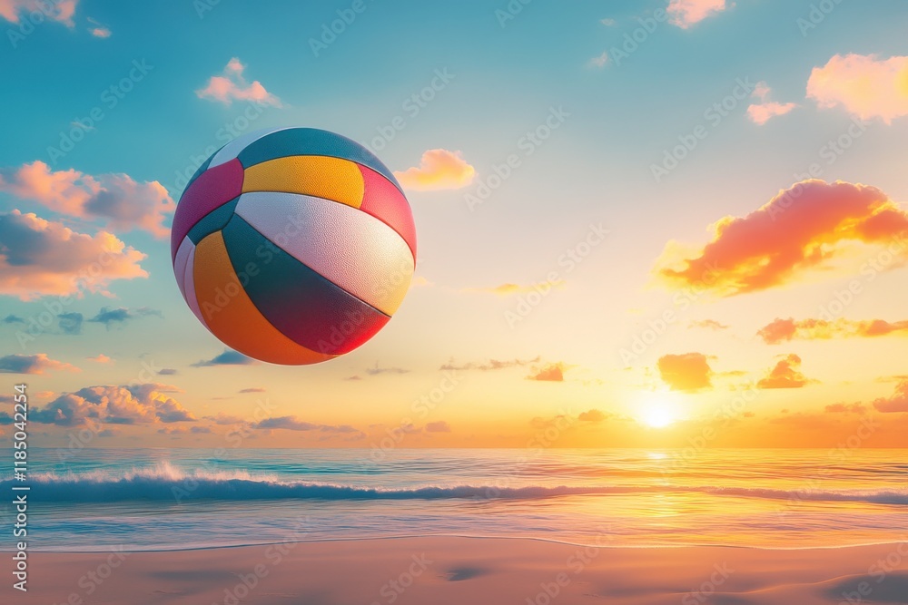 A vibrant beach scene with a colorful volleyball soaring against a stunning sunset backdrop. A vibrant beach scene with a colorful volleyball soaring against a stunning sunset backdrop.