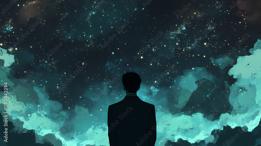 A silhouette man looks at the starlit sky, lost in thought under the infinite expanse of the universe. Stormlit. Illustration A silhouette man looks at the starlit sky, lost in thought under the infinite expanse of the universe. Stormlit. Illustration