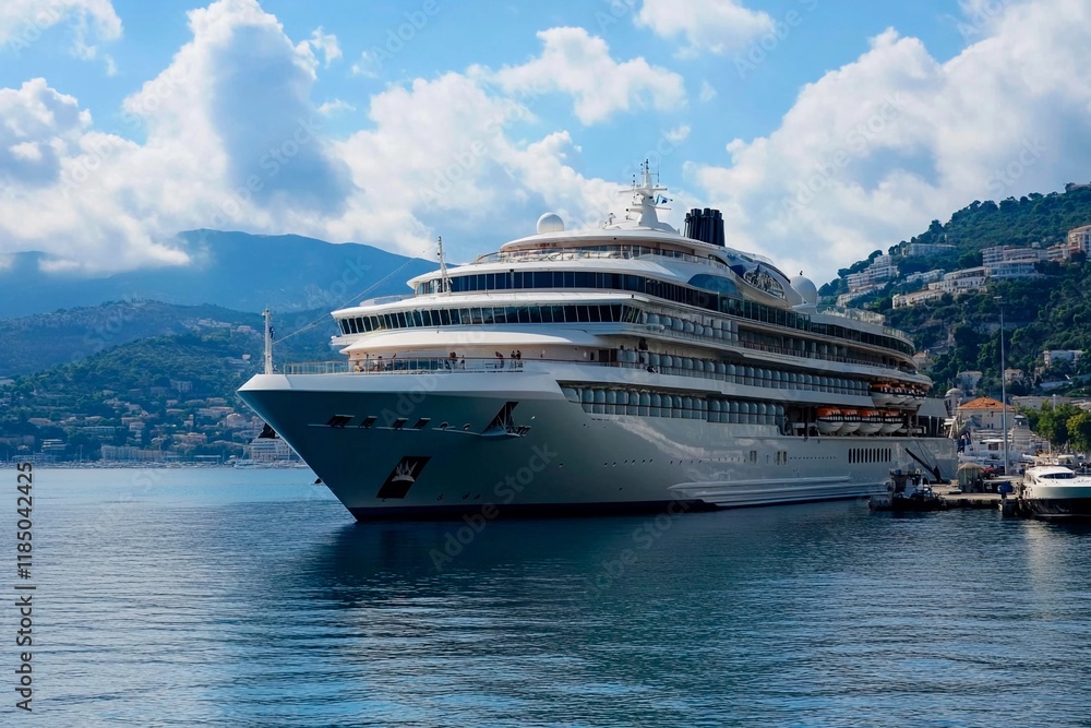 Luxury cruise ship anchored in a picturesque harbor with stunning mountain backdrop Luxury cruise ship anchored in a picturesque harbor with stunning mountain backdrop