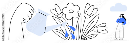 Hand holding watering can, water flowing onto blooming flowers, woman observing from afar. Ideal for growth, nurturing, care, observation, environment mindfulness sustainability. Abstract line flat