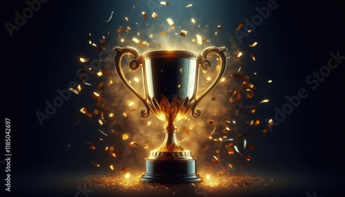 Golden trophy cup, glowing particles, sparkles, dark background, dramatic lighting, achievement, victory, celebration, spotlight effect, shimmering atmosphere, competition award, inspirational, majest photo