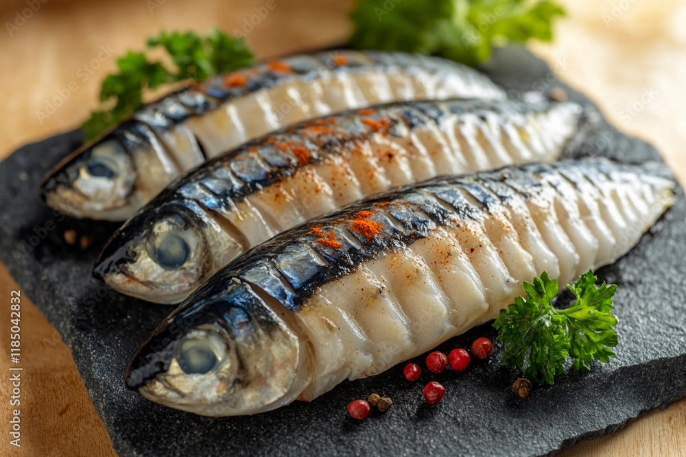 Freshly grilled mackerel garnished with herbs and spices served on a rustic slate plate Freshly grilled mackerel garnished with herbs and spices served on a rustic slate plate