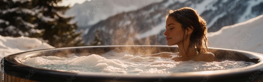 Obraz premium A beautiful girl enjoys a soothing soak in a warm jacuzzi, enveloped by snowy mountains. Steam rises in the evening light, creating a serene atmosphere perfect for relaxation
