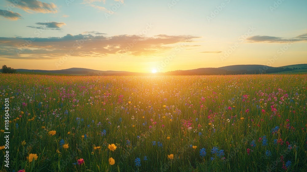 Naklejka premium Colorful wildflowers field at sunset.