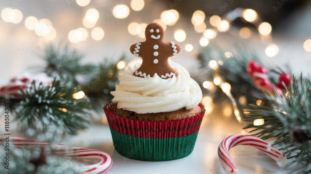 A festive gingerbread cupcake topped with creamy frosting and a cheerful gingerbread cookie, surrounded by holiday decorations. A festive gingerbread cupcake topped with creamy frosting and a cheerful gingerbread cookie, surrounded by holiday decorations.