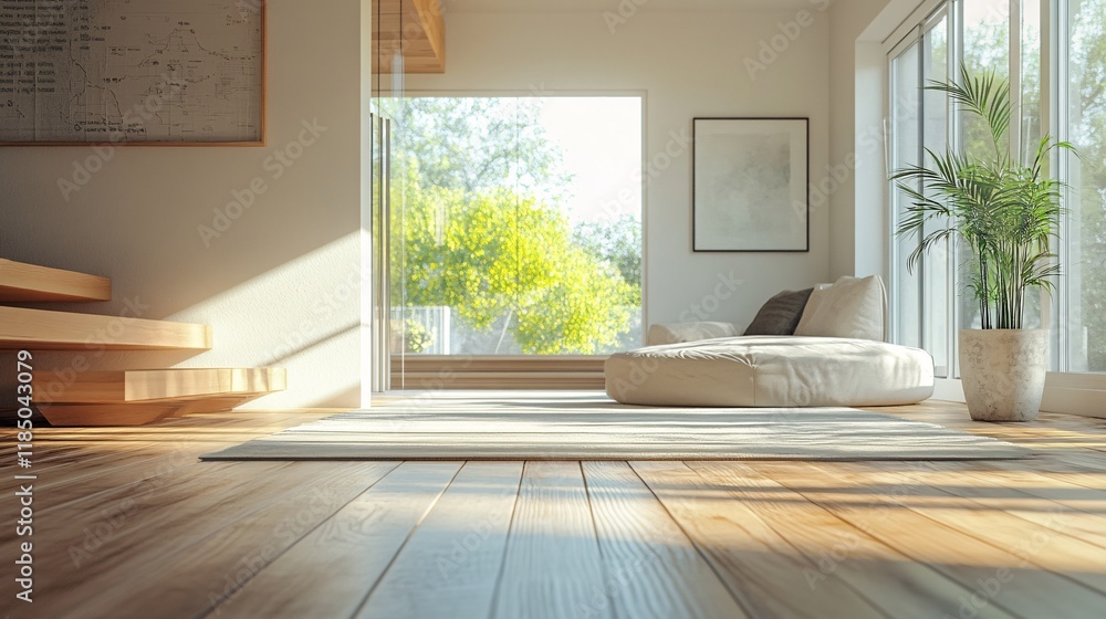Fototapeta premium Modern minimalist living room with large windows overlooking nature