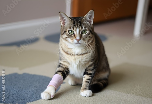 A pet cat with a bandaged paw. Ligation of the injury. Veterinary concept.