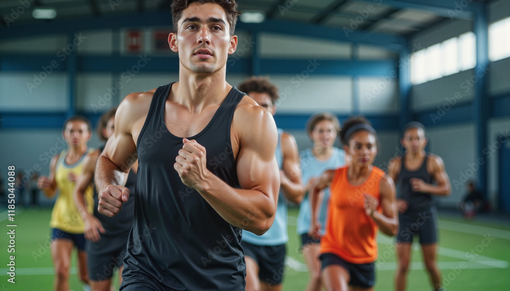 Fototapeta premium Determined young athletes training in sports facility, teamwork spirit