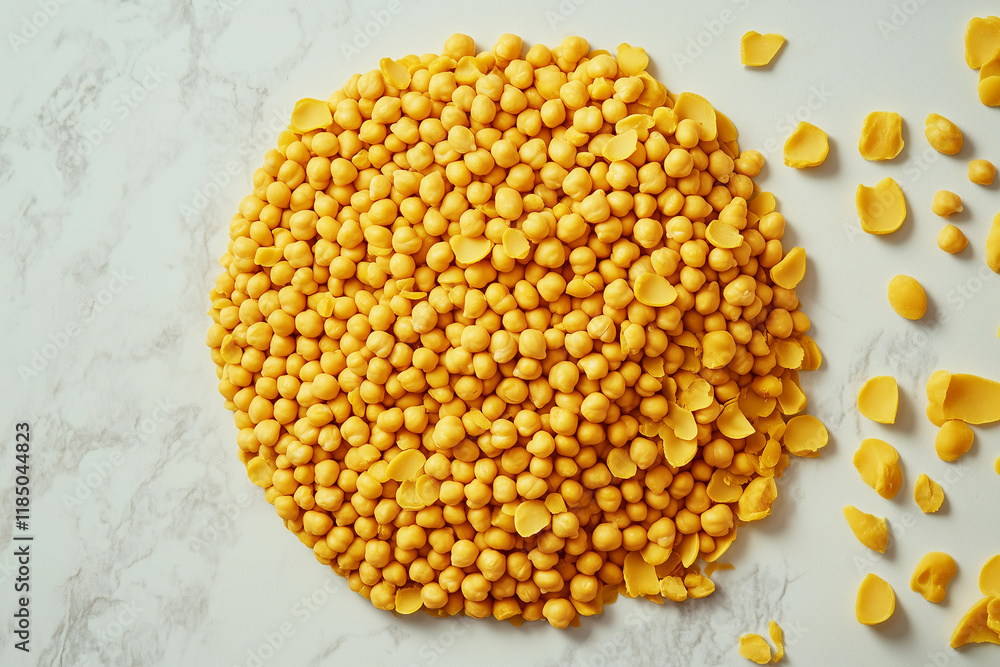 Bright yellow split chickpeas spread out on a surface showcasing their vibrant color and texture, ideal for various culinary uses and healthy meal preparations Bright yellow split chickpeas spread out on a surface showcasing their vibrant color and texture, ideal for various culinary uses and healthy meal preparations