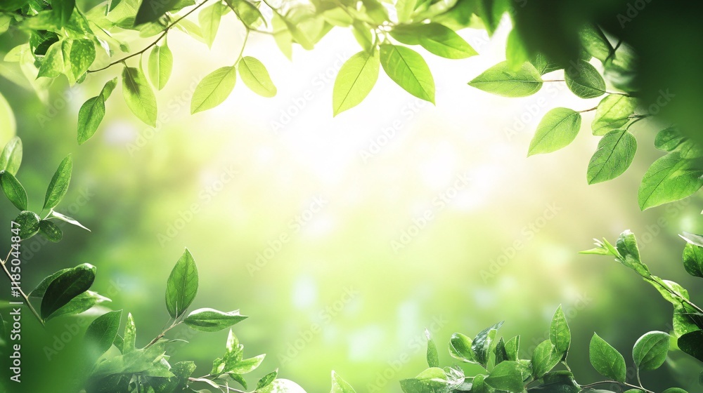 Green leaves framing bright sunlight in lush forest Green leaves framing bright sunlight in lush forest