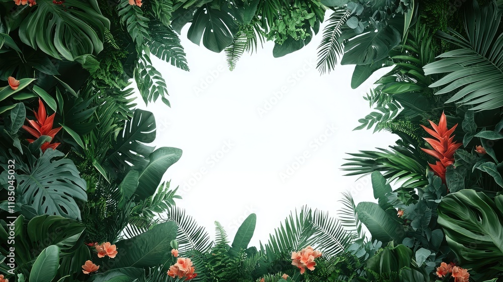 A vibrant tropical foliage frame encircles a blank space, ideal for adding text or images. A vibrant tropical foliage frame encircles a blank space, ideal for adding text or images.