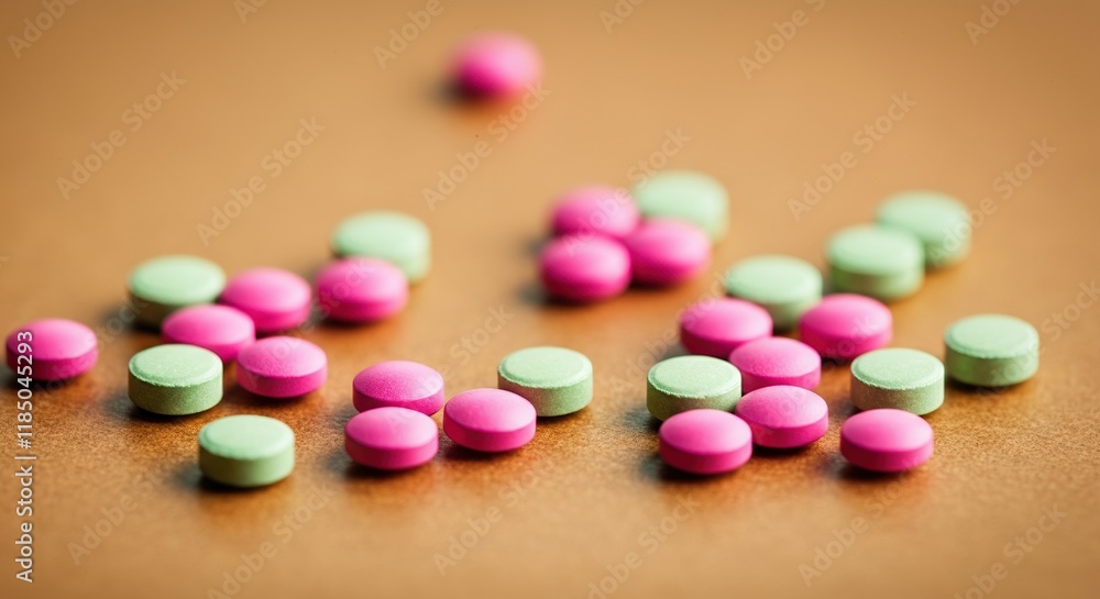 Colorful pills scattered on a surface, representing health and wellness Colorful pills scattered on a surface, representing health and wellness