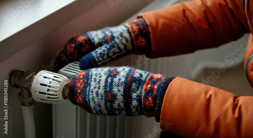 Freezing person adjusting a radiator valve while wearing cozy knitted gloves