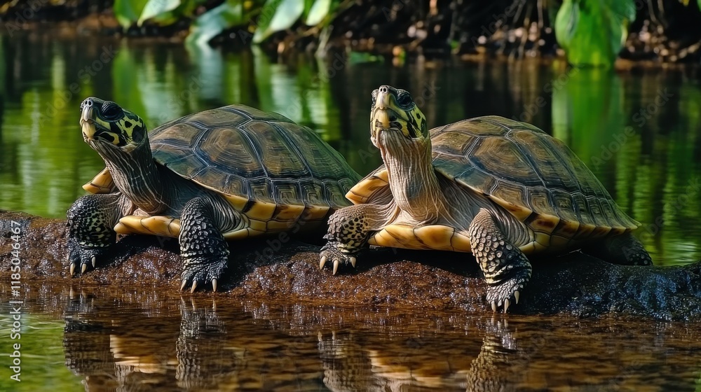 Obraz premium Giant south american river turtles resting on a log in the amazon rainforest