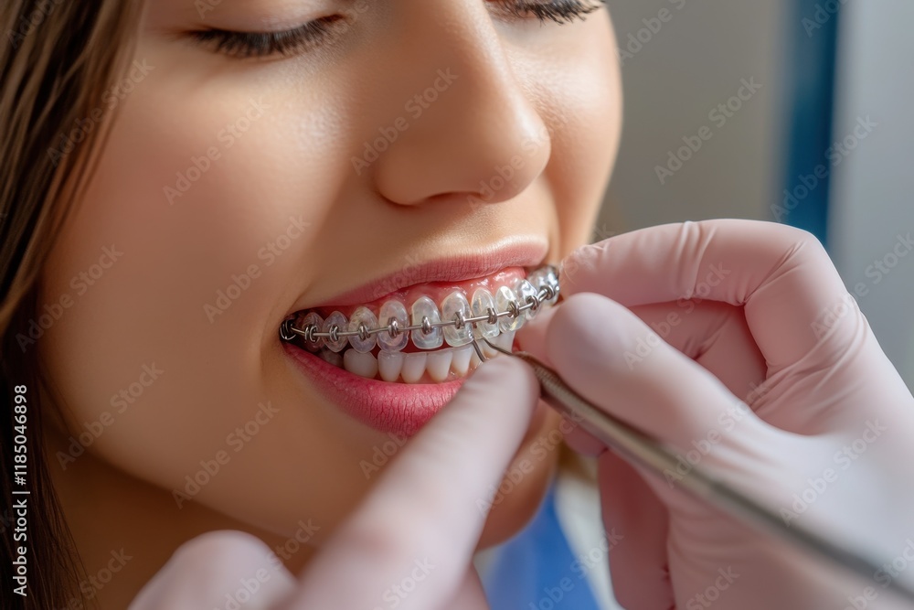 Orthodontist discusses treatment options in consultation with patient for braces and clear aligners Orthodontist discusses treatment options in consultation with patient for braces and clear aligners