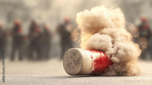 Close-up view of a tear gas canister rolling on the ground during a protest in an urban environment