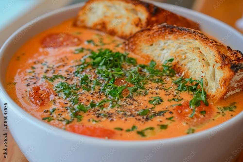 Creamy tomato soup paired with toasted bread, perfect for a cozy meal on a chilly day Creamy tomato soup paired with toasted bread, perfect for a cozy meal on a chilly day