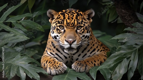 Majestic jaguar resting in the lush rainforest photo