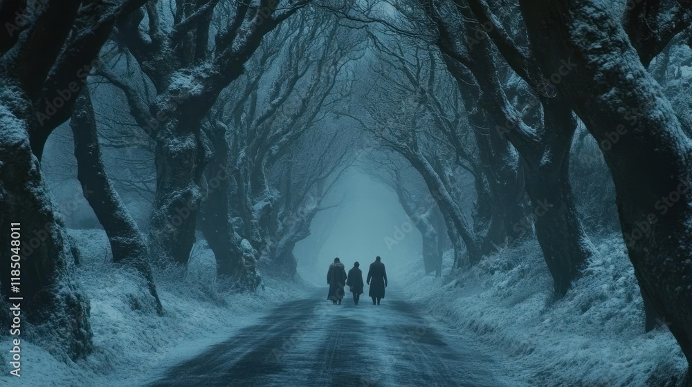 Naklejka premium Snowy avenue, three figures walking, foggy winter landscape, mystical atmosphere, film scene
