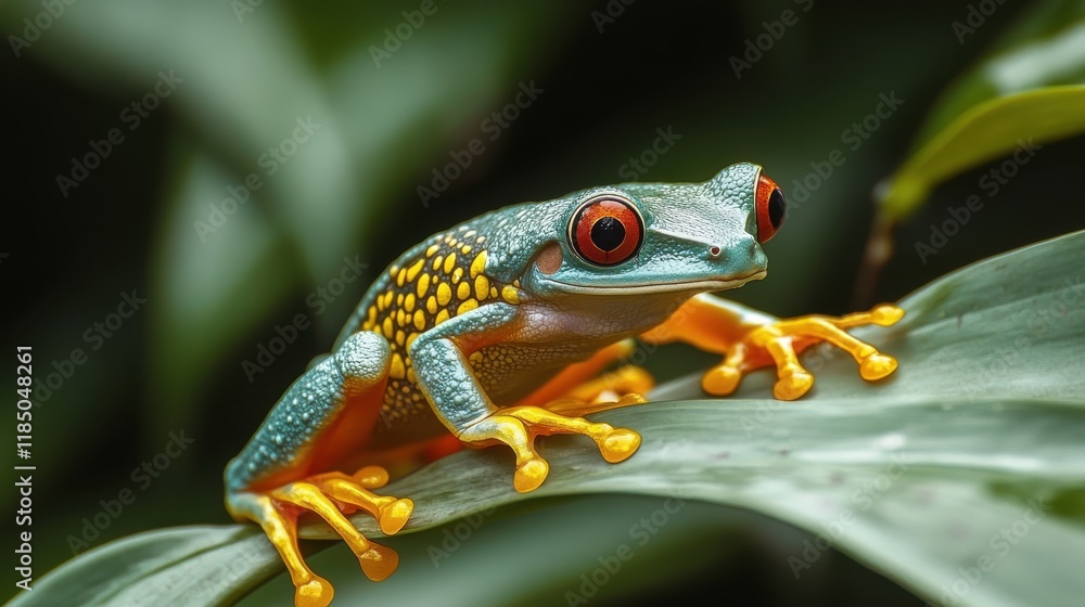 Obraz premium Red-eyed tree frog perched on a lush green leaf in the rainforest
