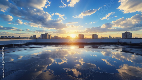 Sunset Reflections on Rooftop with Anime-Style City Skyline and Dramatic Clouds