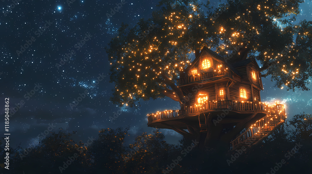 Fototapeta premium A magical treehouse illuminated by soft lights under a starlit sky, creating a whimsical and serene nighttime atmosphere. starlit. illustration. Stormlit. Illustration