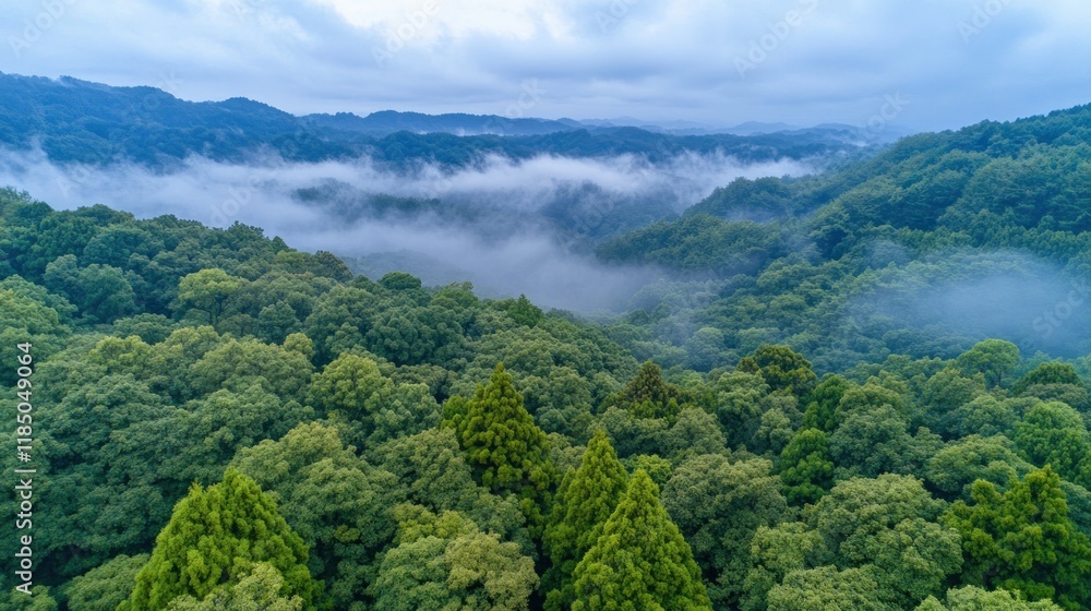 Fototapeta premium Misty mountain forest aerial view, scenic landscape, travel brochure