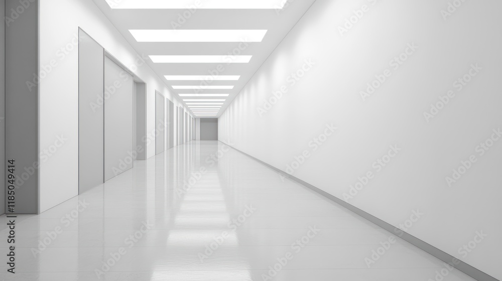 Obraz premium Sterile hallway, doors, lights, reflective floor, modern building, interior design