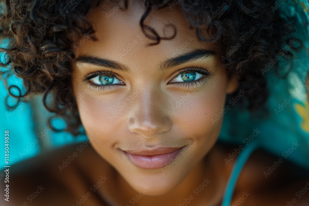 Fototapeta premium Stunning smiling black girl - for ads, flyer and internet marketing use. Short haircut - curly hair. Commercial promotion conceptual art. African american woman lifestyle concept. Black model.