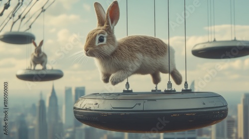 Cute rabbits suspended in mid-air on futuristic flying saucers above a cityscape. photo