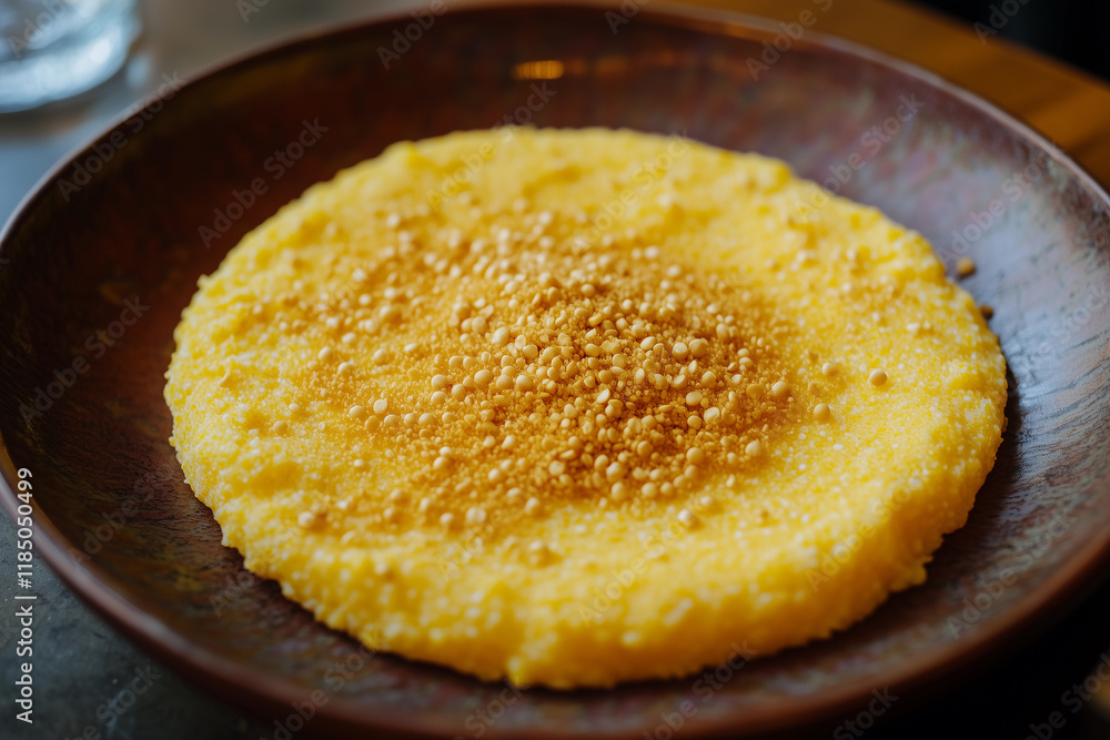 Golden coarse grain dish served on a rustic wooden plate with a hint of sweetness on top Golden coarse grain dish served on a rustic wooden plate with a hint of sweetness on top
