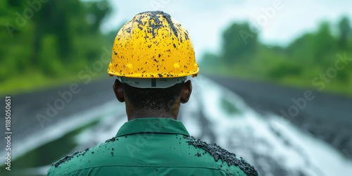 A road worker in uniform against an empty road. Council worker, floodwater over road  photo