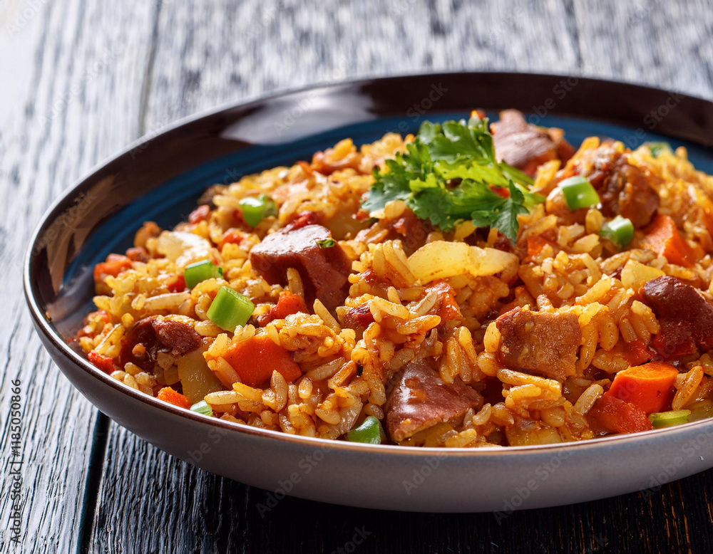 A colorful Spanish paella with saffron rice, chunks of meat, and vegetables is served in a dark ceramic bowl on a wooden table. A colorful Spanish paella with saffron rice, chunks of meat, and vegetables is served in a dark ceramic bowl on a wooden table.