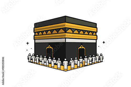 Sacred representation of the Kaaba during Hajj, featuring crowds of pilgrims and the iconic structure central to Islamic faith and worship